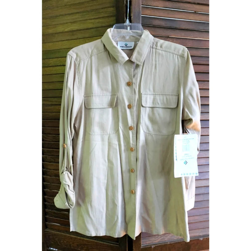 NWT Erin London Button Down Top Blouse Tan Beige Roll Sleeves Moring Sun Vintage